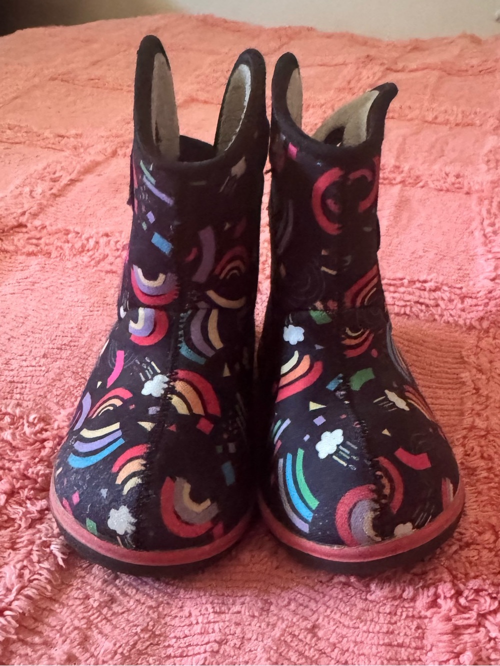 Bogs Kids Black Boots with Colorful Rainbow & Cloud Pattern
